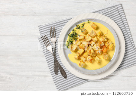 pollock cubes poached in cream saffron sauce 122603730