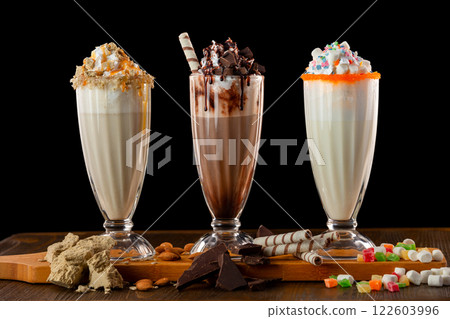 Three sweet milkshakes with chocolate, marshmallow, halva and whipped cream at a wooden board on a table isolated at black background. 122603996