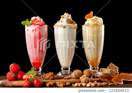Three sweet milkshakes with nuts, caramel, strawberry and whipped cream at a wooden board on table background. Three sweet milkshakes with nuts, caramel, strawberry and whipped cream at a wooden board on table background. 122604013