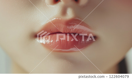 Close-up of young Asian woman's lips. Cute mouth with moist pink lipstick. Close-up of young Asian woman's lips. Cute mouth with moist pink lipstick. 122604079
