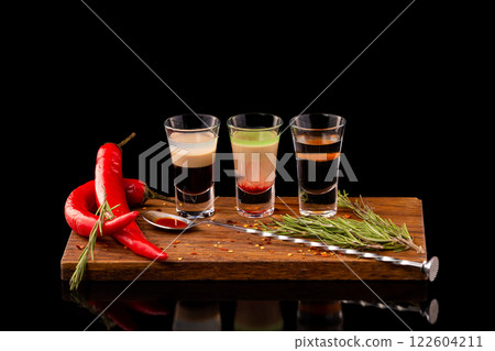 Three alcohol shooter layered cocktails on a wooden board served with barman spoon and chili pepper isolated at black background. Three alcohol shooter layered cocktails on a wooden board served with barman spoon and chili pepper isolated at black background. 122604211