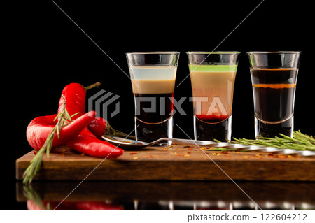Three alcohol shooter layered cocktails on a wooden board served with barman spoon and chili pepper isolated at black background. Three alcohol shooter layered cocktails on a wooden board served with barman spoon and chili pepper isolated at black background. 122604212