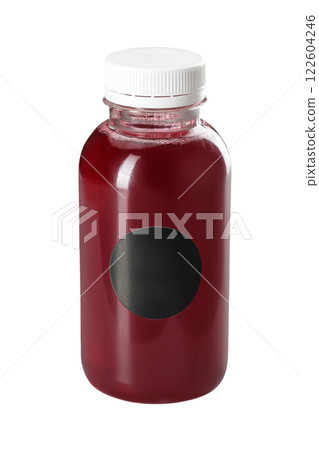 Mockup of plastic bottle with red berries juice isolated at white background. Template with blank label. Mockup of plastic bottle with red berries juice isolated at white background. Template with blank label. 122604246