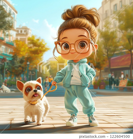 Stylish Little Girl Walking Her Dog 122604500