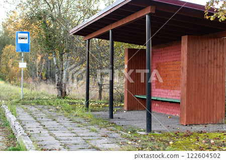 Empty bus stop in the Latvian countryside in the Latgale region 122604502