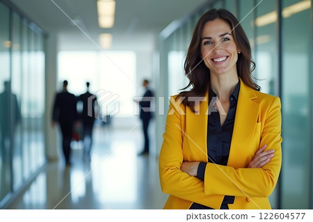 A confident woman in a stylish yellow blazer stands in a bright, modern office hallway 122604577