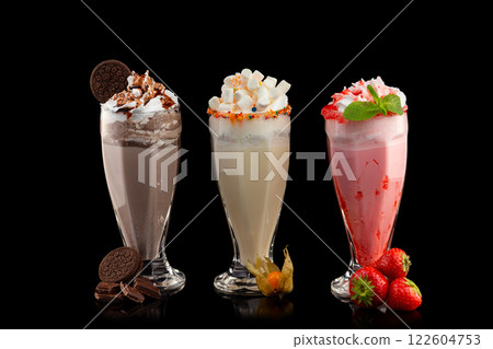 Three glasses of colorful milkshake cocktails - chocolate, strawberry and vanilla decorated with fresh berries and mint isolated at black background. Three glasses of colorful milkshake cocktails - chocolate, strawberry and vanilla decorated with fresh berries and mint isolated at black background. 122604753