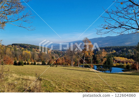 Autumn Landscape with Mountain View and Tranquil Pond for Nature Posters Autumn Landscape with Mountain View and Tranquil Pond for Nature Posters 122604860
