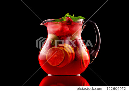 Glass jar of red wine sangria with wild berries and citrus mix isolated at black background. 122604952