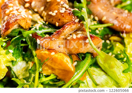 Closeup image of roasted duck at green salad isolated at white background. 122605066