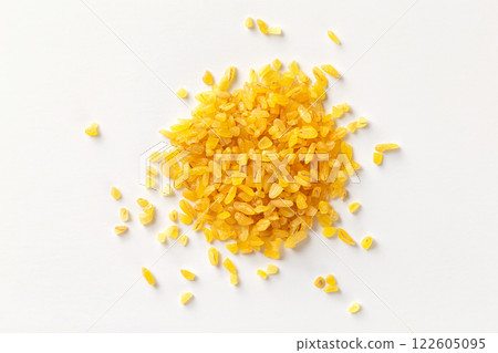Pile of bulgur raw grain isolated at white background. Macro top view image. Pile of bulgur raw grain isolated at white background. Macro top view image. 122605095