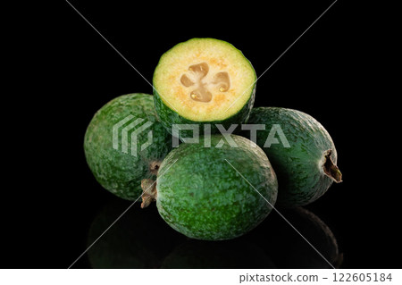 Closeup feijoa group of fruits isolated at black background. 122605184
