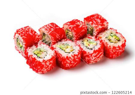 California sushi rolls set with crab isolated at white background. California sushi rolls set with crab isolated at white background. 122605214