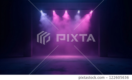 A dark, futuristic space illuminated by vibrant pink and purple lights with hazy fog A dark, futuristic space illuminated by vibrant pink and purple lights with hazy fog 122605636