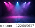 A dark, futuristic space illuminated by vibrant pink and purple lights with hazy fog 122605637