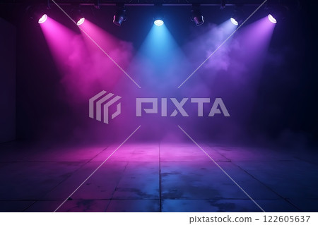 A dark, futuristic space illuminated by vibrant pink and purple lights with hazy fog A dark, futuristic space illuminated by vibrant pink and purple lights with hazy fog 122605637