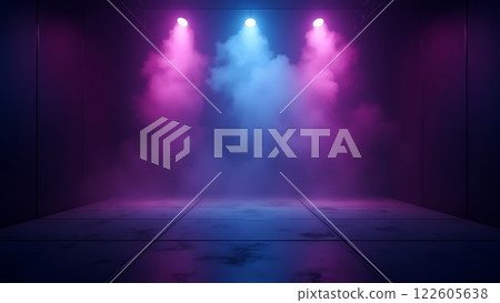 A dark, futuristic space illuminated by vibrant pink and purple lights with hazy fog A dark, futuristic space illuminated by vibrant pink and purple lights with hazy fog 122605638