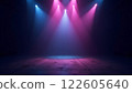 A dark, futuristic space illuminated by vibrant pink and purple lights with hazy fog 122605640