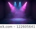 A dark, futuristic space illuminated by vibrant pink and purple lights with hazy fog 122605641