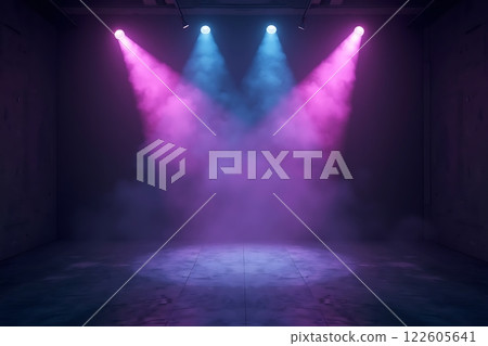 A dark, futuristic space illuminated by vibrant pink and purple lights with hazy fog A dark, futuristic space illuminated by vibrant pink and purple lights with hazy fog 122605641