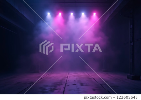 A dark, futuristic space illuminated by vibrant pink and purple lights with hazy fog A dark, futuristic space illuminated by vibrant pink and purple lights with hazy fog 122605643