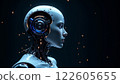 A highly detailed humanoid robot with glowing circuitry and a sleek design in a dark 122605655