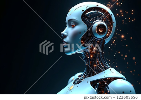 A highly detailed humanoid robot with glowing circuitry and a sleek design in a dark 122605656