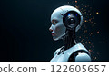 A highly detailed humanoid robot with glowing circuitry and a sleek design in a dark 122605657