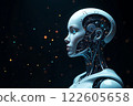 A highly detailed humanoid robot with glowing circuitry and a sleek design in a dark 122605658