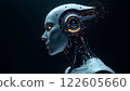 A highly detailed humanoid robot with glowing circuitry and a sleek design in a dark 122605660