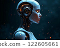 A highly detailed humanoid robot with glowing circuitry and a sleek design in a dark 122605661