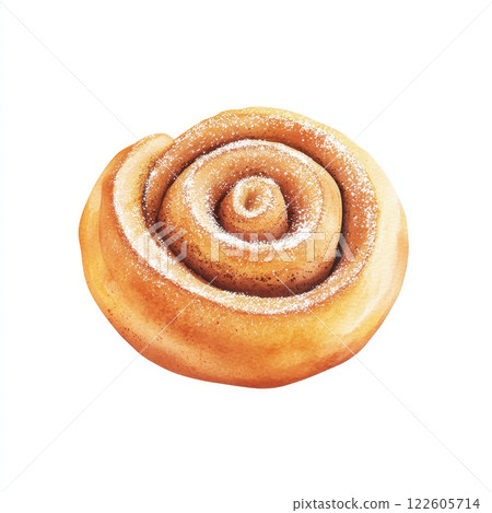 delicious cinnamon roll illustration featuring golden brown swirl topped with sugar, perfect for bakery themed designs and food related projects 122605714