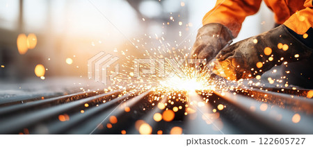 construction worker focused on welding, creating sparks and light. scene captures intensity and precision of welding process in dynamic environment 122605727