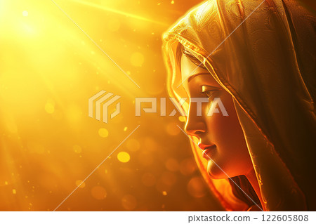 Virgin Mary, mother of Jesus Christ on sunny background, catholics church symbol of purity and grace Virgin Mary, mother of Jesus Christ on sunny background, catholics church symbol of purity and grace 122605808