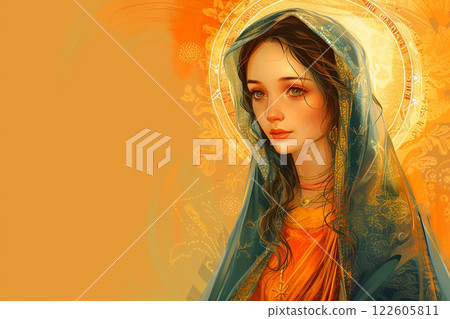 Virgin Mary, mother of Jesus Christ on sunny background, catholics church symbol of purity and grace 122605811