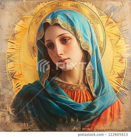 Virgin Mary, mother of Jesus Christ on sunny background, catholics church symbol of purity and grace Virgin Mary, mother of Jesus Christ on sunny background, catholics church symbol of purity and grace 122605813