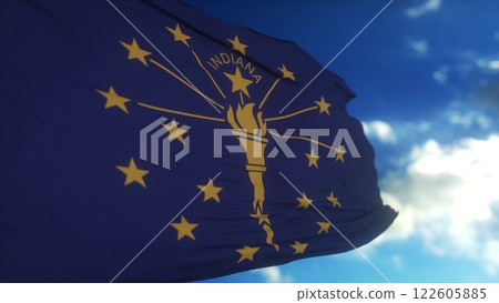Indiana flag on a flagpole waving in the wind in the sky. State of Indiana in The United States of America. 3d illustration 122605885