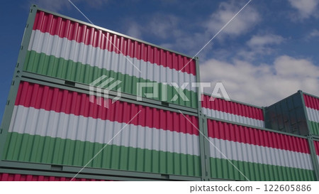 Hungary flag containers are located at the container terminal. Hungary export or import concept. 3d illustration 122605886