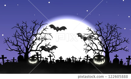 Halloween background with big moon, trees, flying bats and scary pumpkins. Scary night of halloween. 3d illustration 122605888