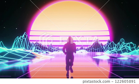Astronaut runs surrounded by flashing neon lights. Music and nightclub concept. 3d illustration Astronaut runs surrounded by flashing neon lights. Music and nightclub concept. 3d illustration 122605891