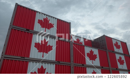Canada flag containers are located at the container terminal. Canada export or import concept. 3d illustration Canada flag containers are located at the container terminal. Canada export or import concept. 3d illustration 122605892