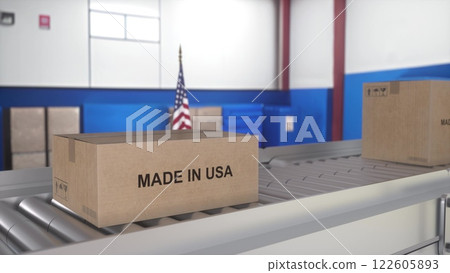 Cardboard boxes with product from America on the roller conveyor. 3d illustration 122605893