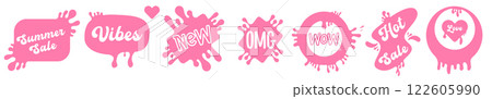 Hello summer, summer sale, hello, OMG, Positive Vibes, Wow, Sale pink retro sticker set isolated on white background. Y2k sticker collection with message. Planner and scrapbook patch set 122605990