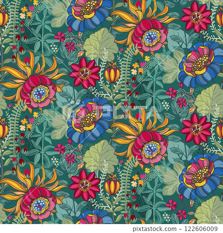 Vector seamless pattern with tropical plants and flowers. Vector seamless pattern with tropical plants and flowers. 122606009