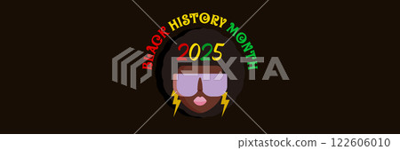 Black history month 2025 horizontal banner with afro American woman face isolated on black background. Black history month poster, flyer, background with pretty african modern girl with sunglasses Black history month 2025 horizontal banner with afro American woman face isolated on black background. Black history month poster, flyer, background with pretty african modern girl with sunglasses 122606010