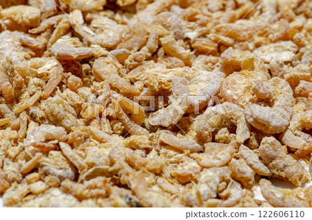 Close up of dry shrimp display on market. Seafood concept Close up of dry shrimp display on market. Seafood concept 122606110