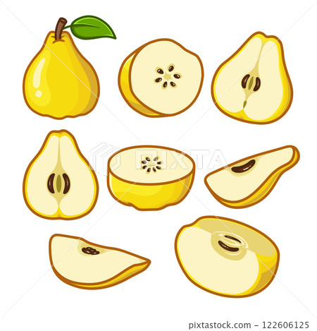 Whole and opened quince fruit are arranged in various ways. Whole and opened quince fruit are arranged in various ways. 122606125