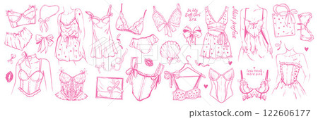 Romantic lingerie doodle set, vector hand drawn female underwear illustration, pink panties, corset. 122606177
