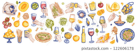 Italian summer food illustration set, vector hand drawn watercolor lunch collection, pizza, pasta.  122606178