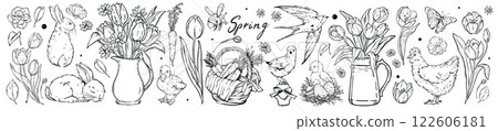 Spring nature doodle set, vector Easter season floral illustration hand drawn village flower sketch. 122606181